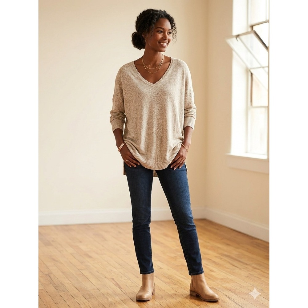 So Women's Med Oatmeal Cozy Tunic Long Sleeve V-Neck Oversized Side Slits NWT
